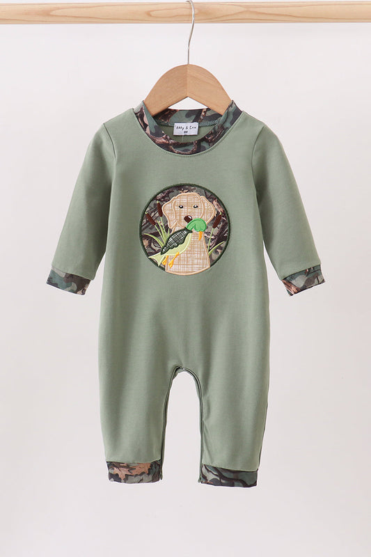 Camouflage Dog Hunting Applique Boy Romper Honeydew