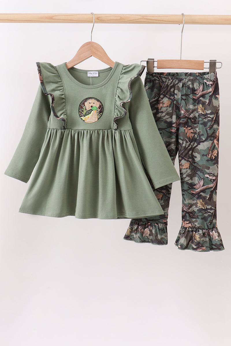 Camouflage Dog Hunting Applique Girl Ruffle Pants Set Honeydew