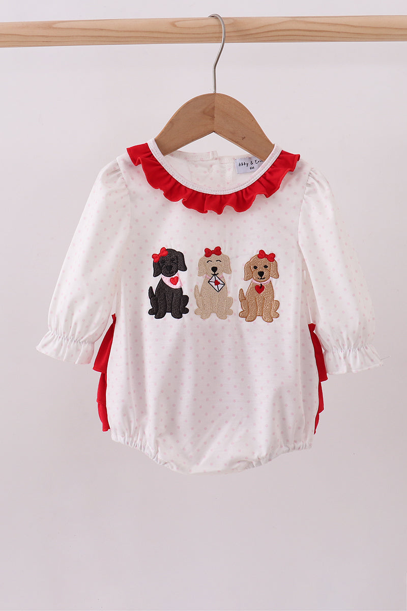 White Puppy Embroidery Ruffle Bubble Honeydew