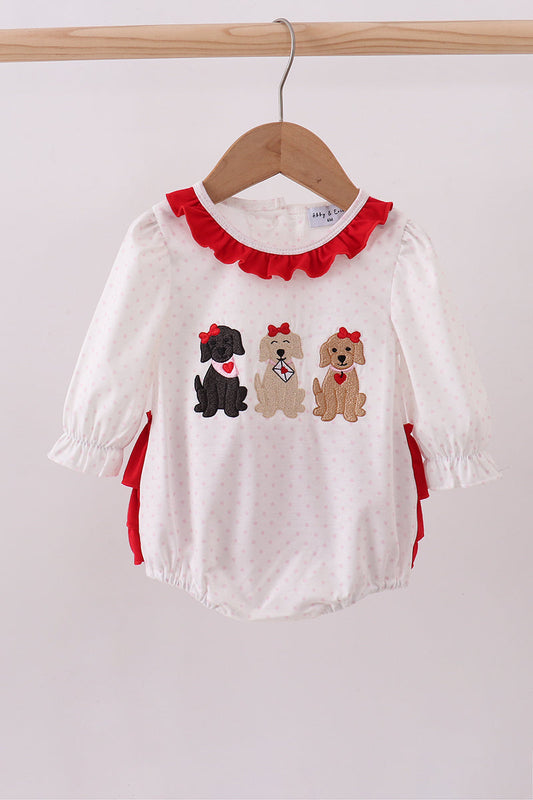 White Puppy Embroidery Ruffle Bubble Honeydew
