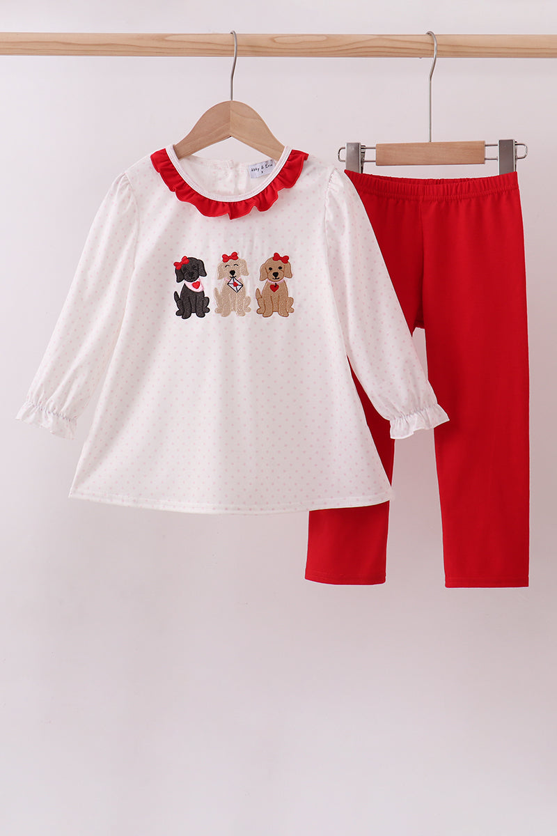 White Puppy Embroidery Ruffle Pants Set Honeydew