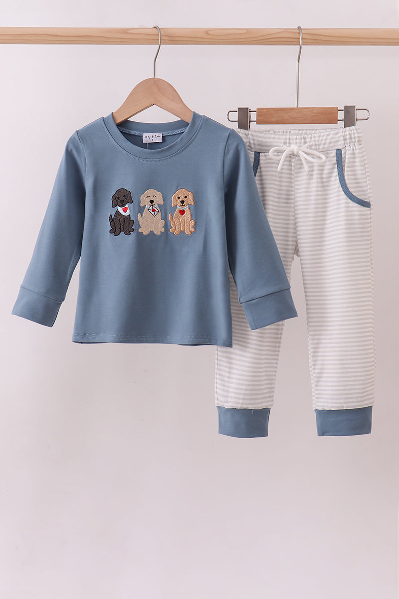 Blue Puppy Embroidery Pants Set Honeydew