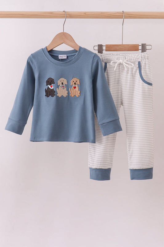 Blue Puppy Embroidery Pants Set Honeydew