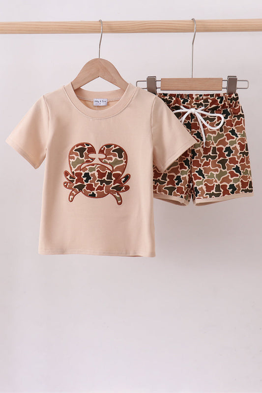 Camouflage Crab Applique Boy Short Set Honeydew