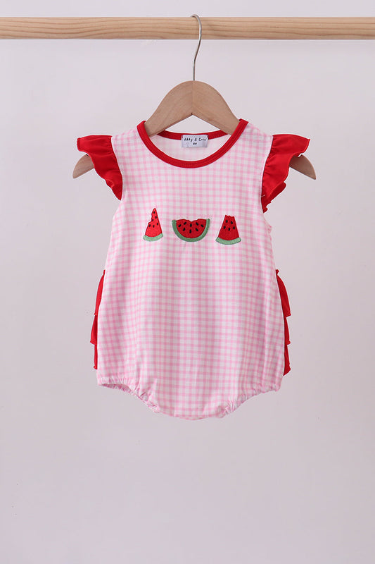 Pink Watermelon Embroidery Ruffle Bubble Honeydew