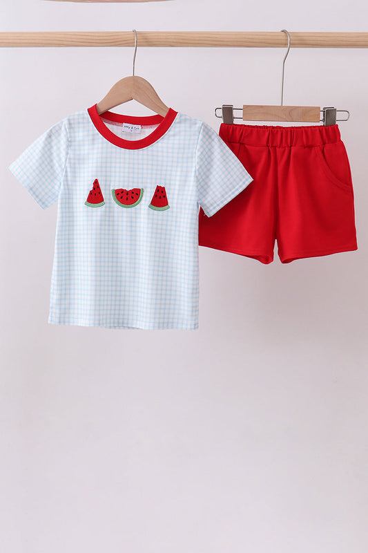 Blue Watermelon Embroidery Shorts Set Honeydew