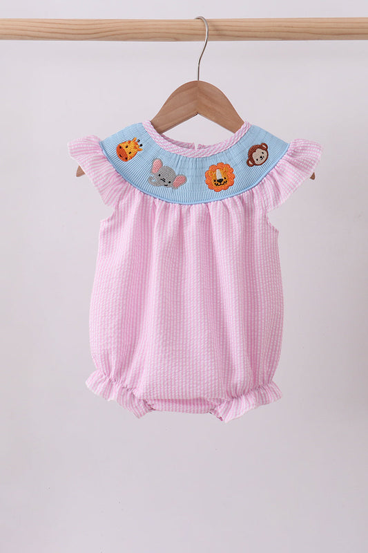 Pink Seersucker Animal Smocked Ruffle Bubble Honeydew