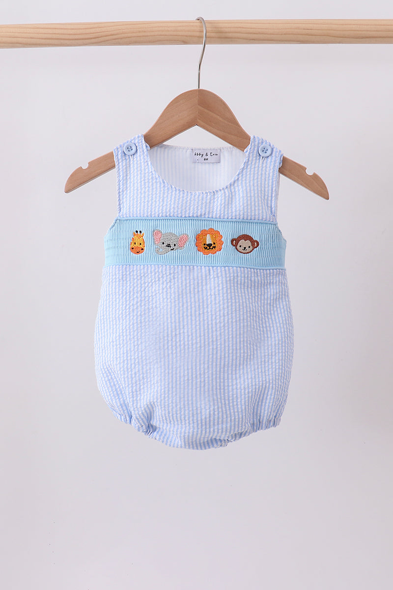 Blue Seersucker Animal Smocked Bubble Honeydew