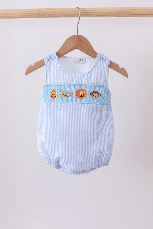 Blue Seersucker Animal Smocked Bubble Honeydew