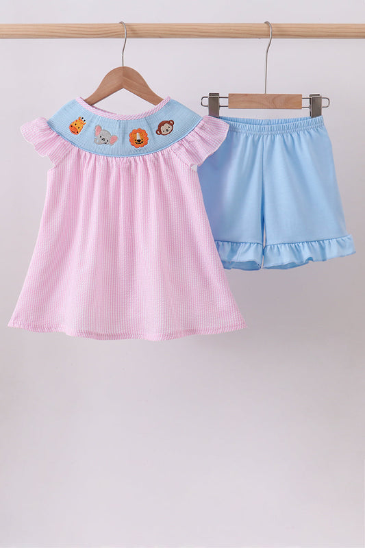 Pink Seersucker Animal Smocked Ruffle Shorts Set Honeydew