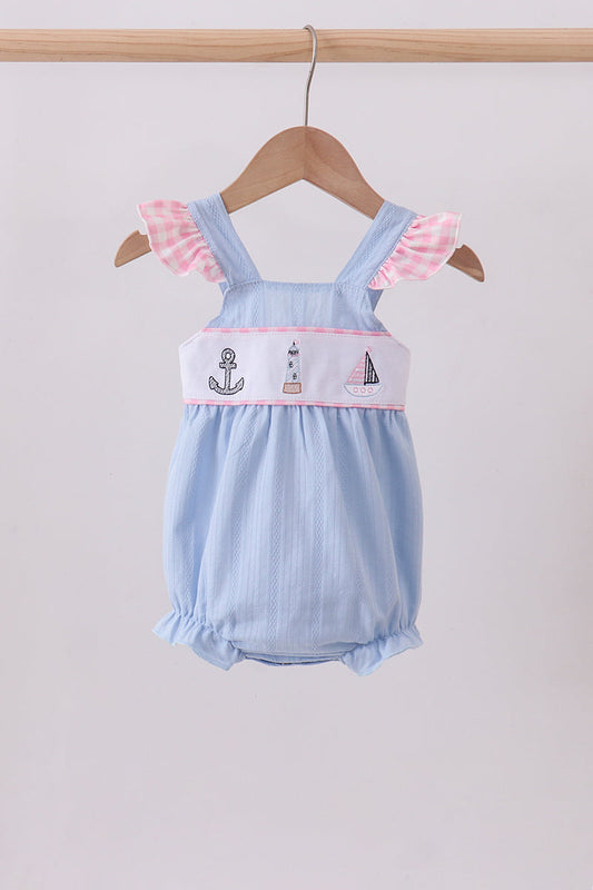 Blue Sailboat Embroidery Jacquard Ruffle Bubble Honeydew