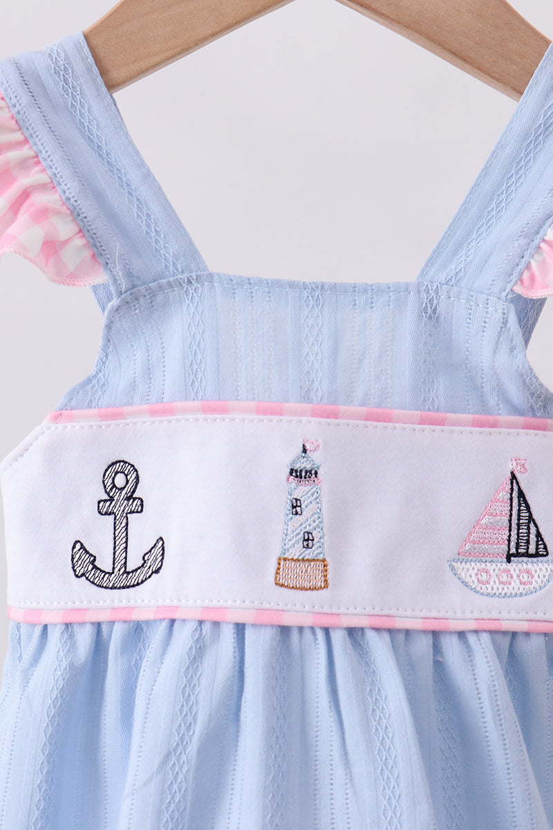 Blue Sailboat Embroidery Jacquard Ruffle Bubble Honeydew