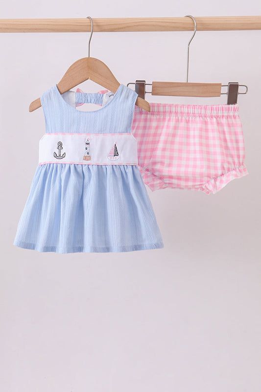 Blue Sailboat Embroidery Jacquard Ruffle Bloomer Set Honeydew