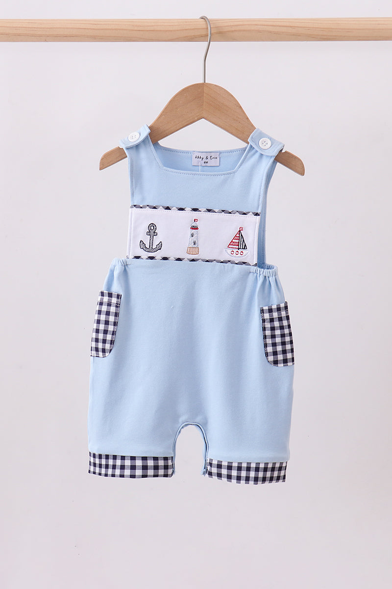 Blue Sailboat Embroidery Gingham Jonjon Honeydew