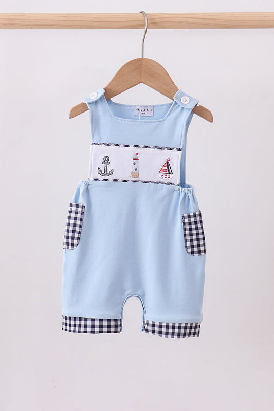 Blue Sailboat Embroidery Gingham Jonjon Honeydew