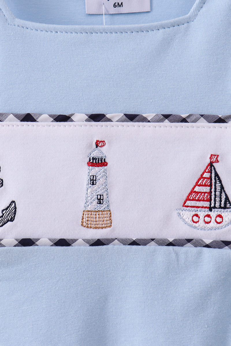 Blue Sailboat Embroidery Gingham Jonjon Honeydew