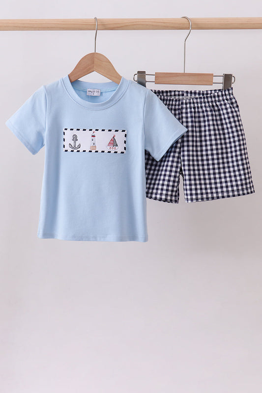 Blue Sailboat Embroidery Gingham Shorts Set Honeydew