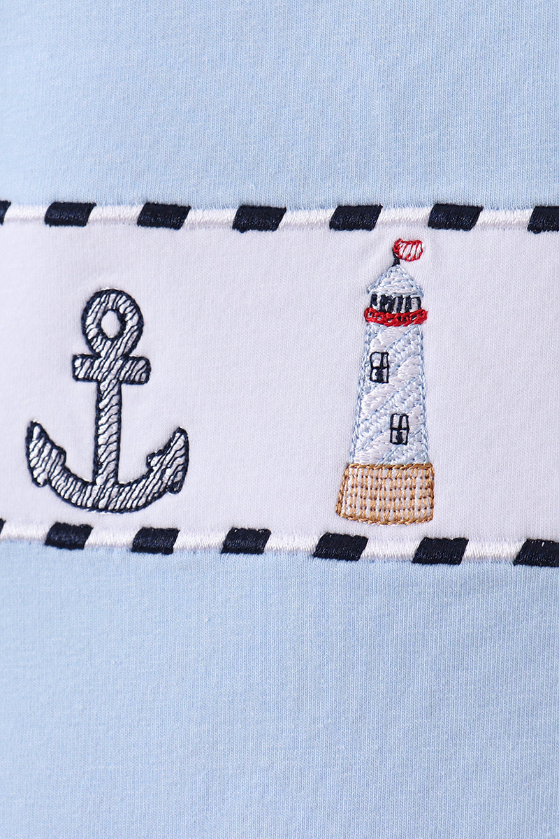 Blue Sailboat Embroidery Gingham Shorts Set Honeydew
