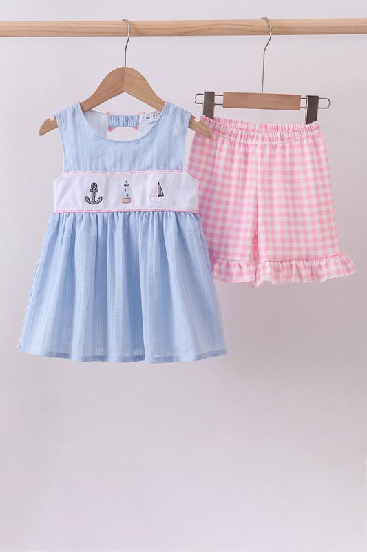Blue Sailboat Embroidery Jacquard Shorts Set Honeydew