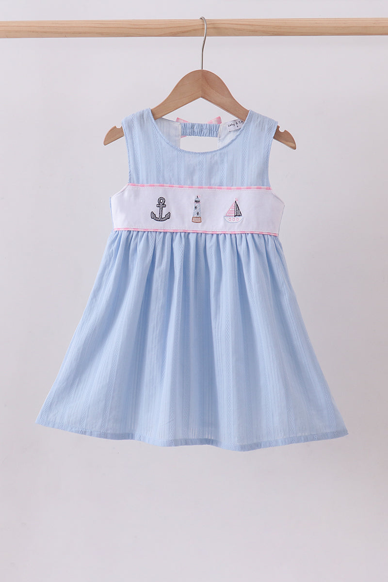 Blue Sailboat Embroidery Jacquard Dress Honeydew