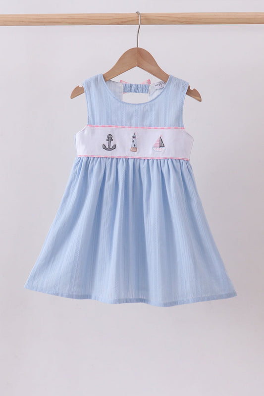 Blue Sailboat Embroidery Jacquard Dress Honeydew