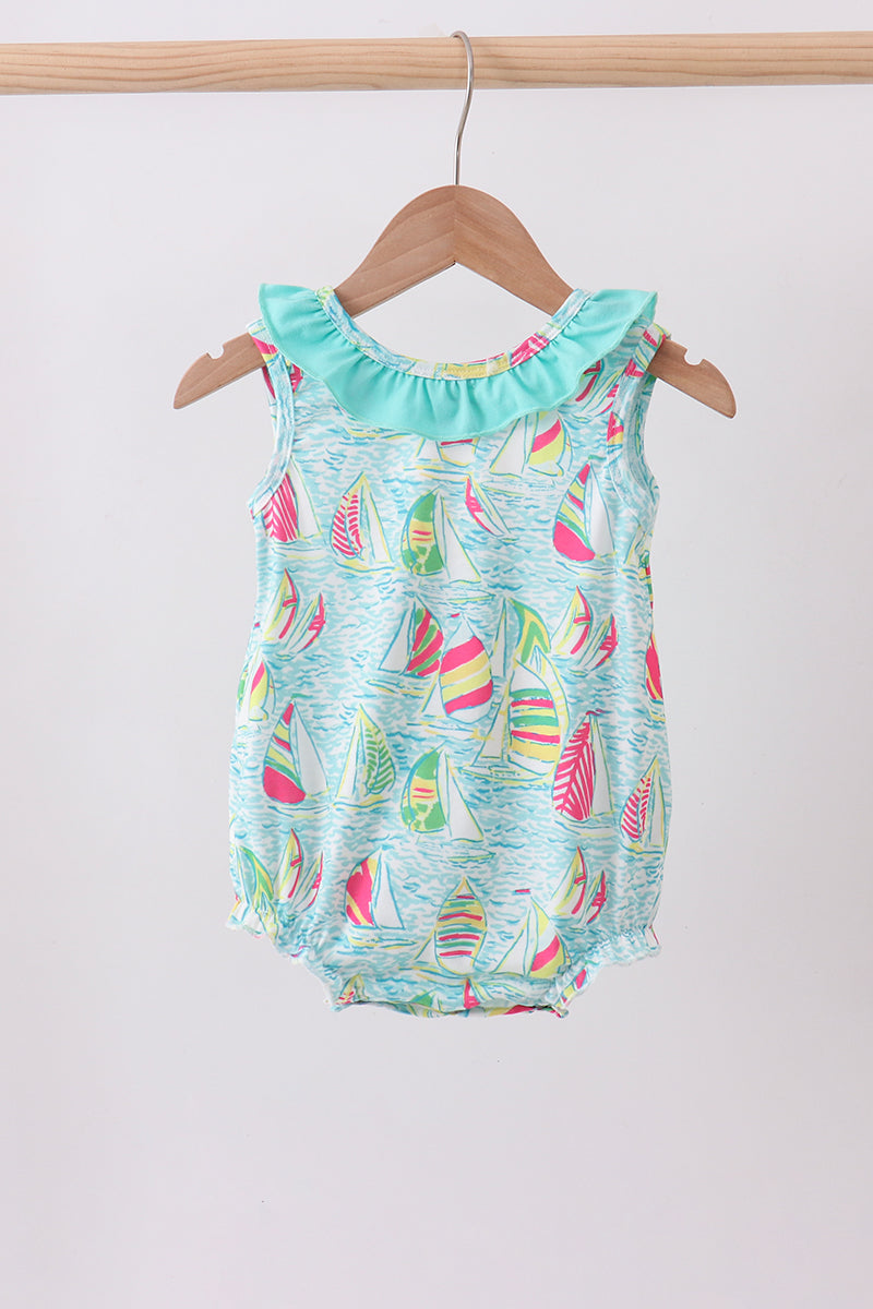 Blue Sailboat Print Ruffle Bubble Honeydew