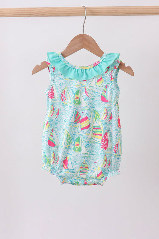 Blue Sailboat Print Ruffle Bubble Honeydew