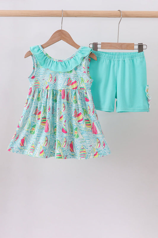 Blue Sailboat Print Ruffle Shorts Set Honeydew