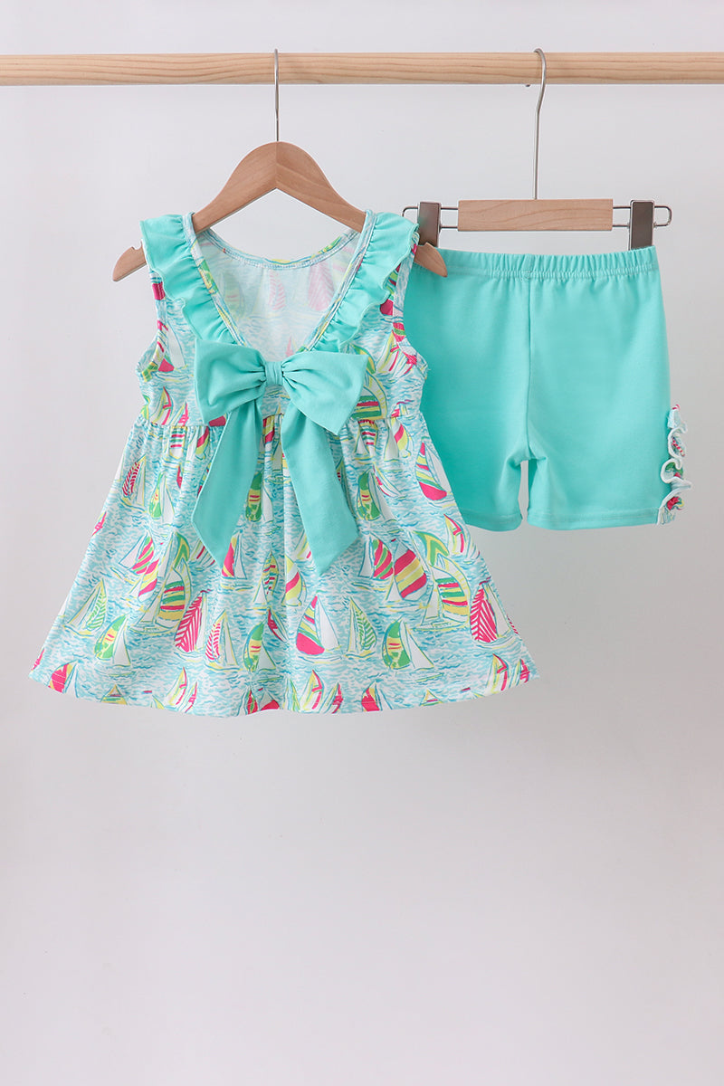 Blue Sailboat Print Ruffle Shorts Set Honeydew