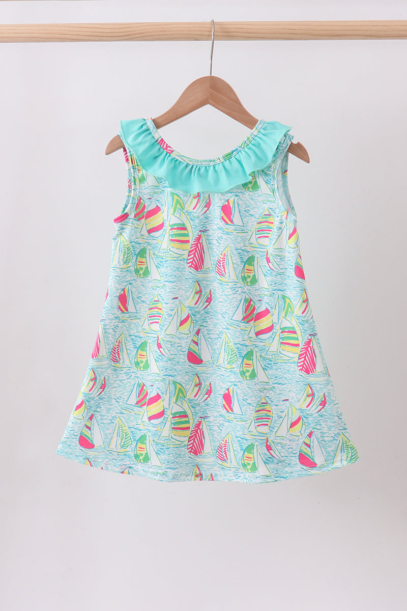Blue Sailboat Print Ruffle Dress Honeydew
