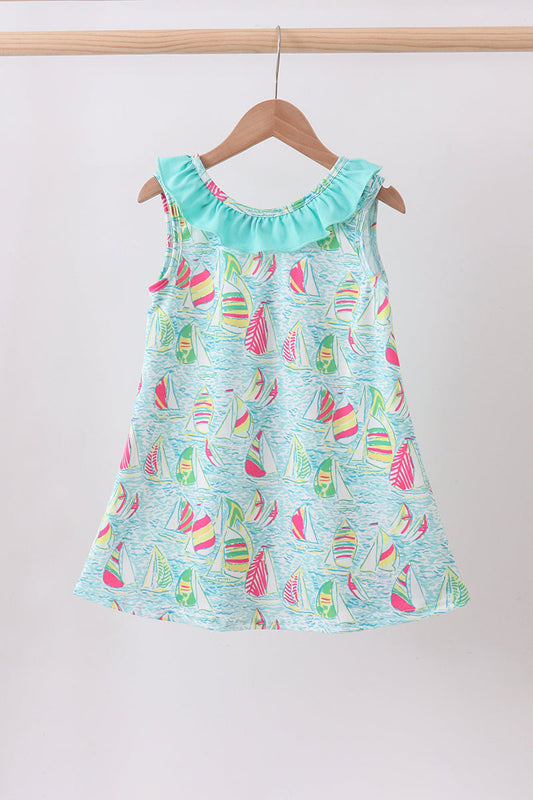 Blue Sailboat Print Ruffle Dress Honeydew