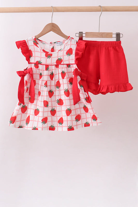 Red Strawberry Muslin Plaid Ruffle Shorts Set Honeydew