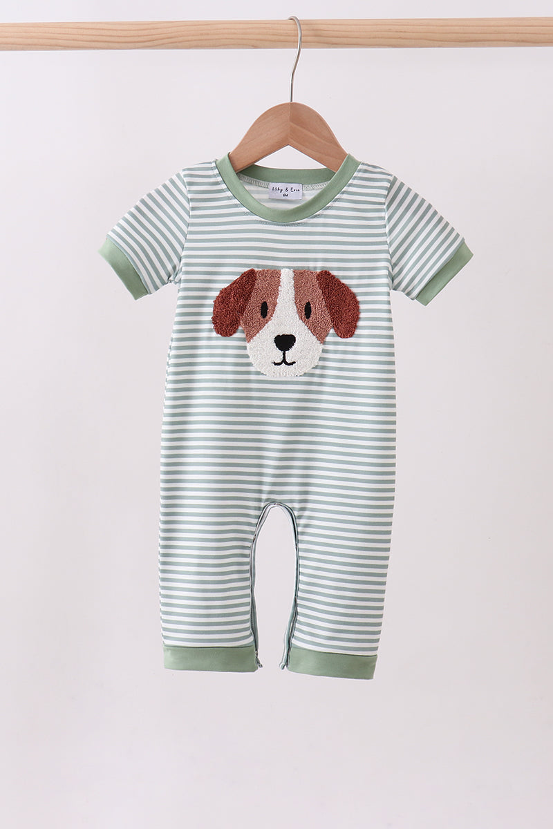 Green Stripe Puppy French Knot Romper Honeydew
