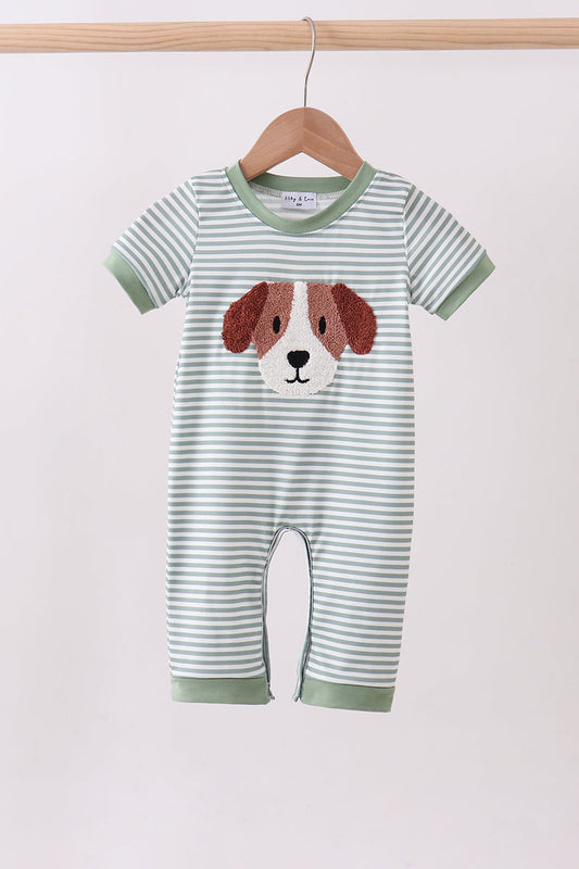Green Stripe Puppy French Knot Romper Honeydew
