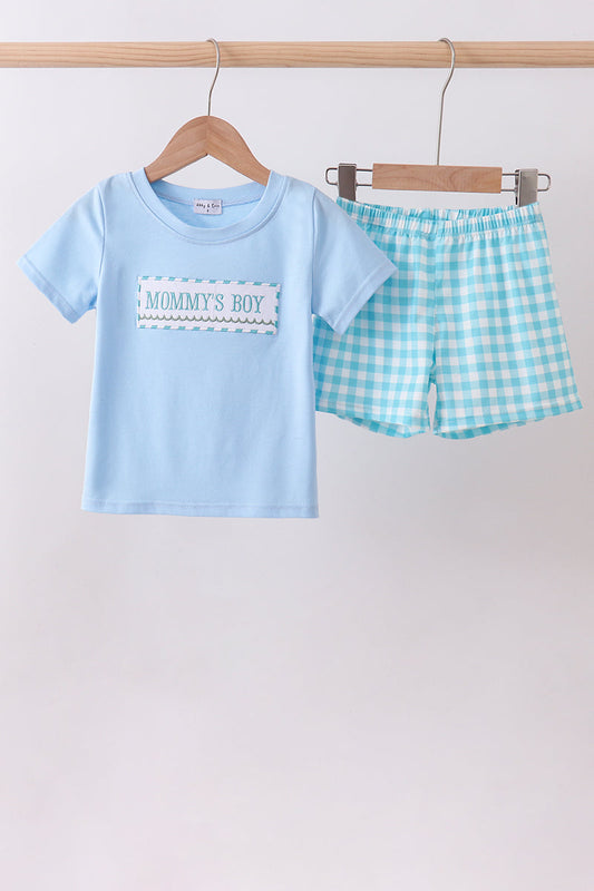 Blue Mommy's Boy Embroidery Gingham Shorts Set Honeydew