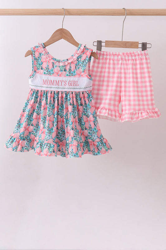 Pink Floral Mommy's Girl Embroidery Ruffle Gingham Shorts Set Honeydew