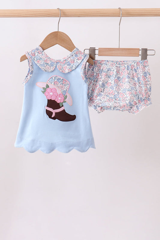 Blue Floral Boot Applique Bloomer Set Honeydew