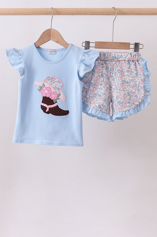 Blue Floral Boot Applique Ruffle Shorts Set Honeydew