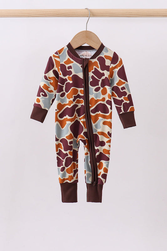 Camouflage Print Zipper Bamboo Pajama Romper Honeydew