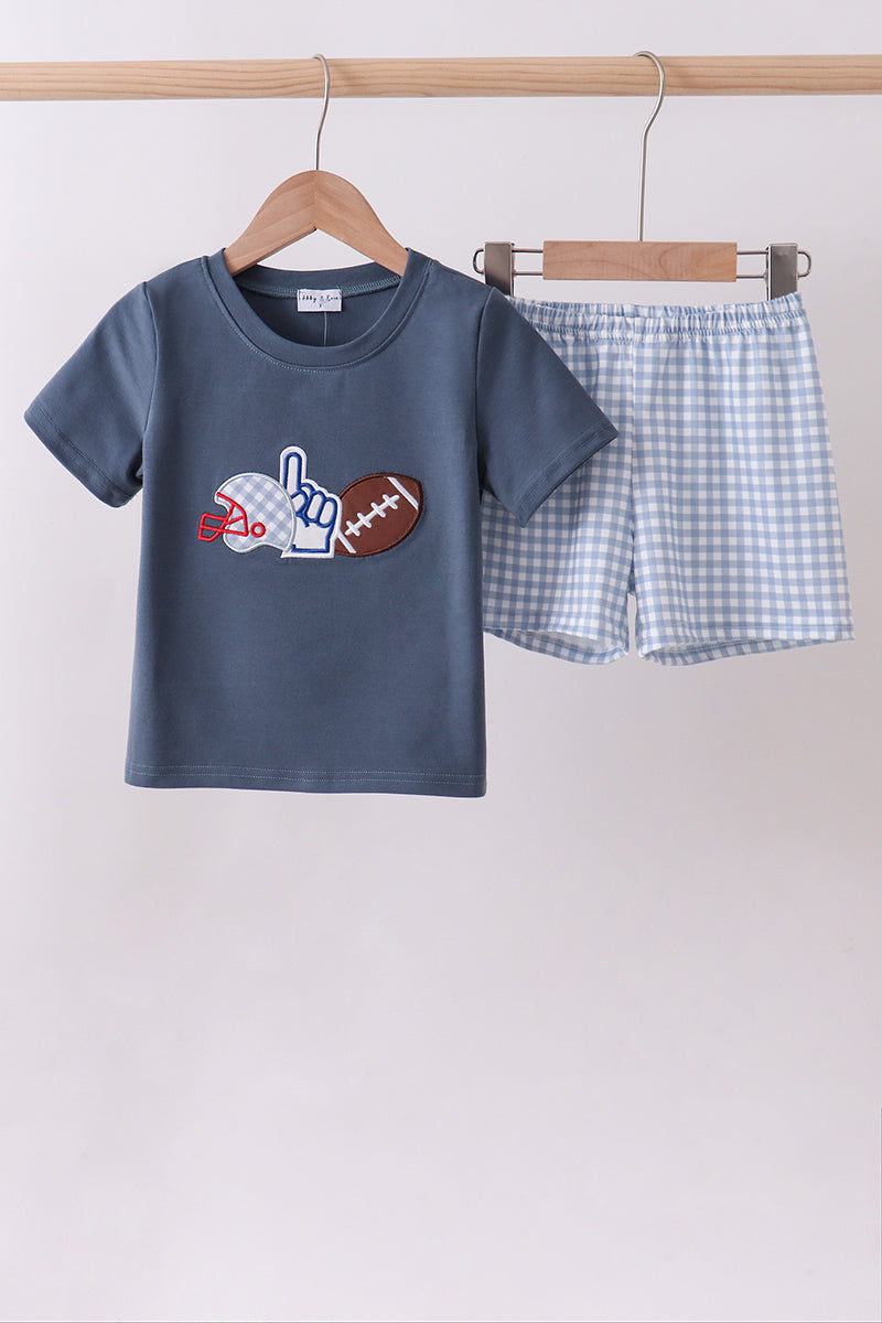 Blue Football Applique Gingham Shorts Set Honeydew