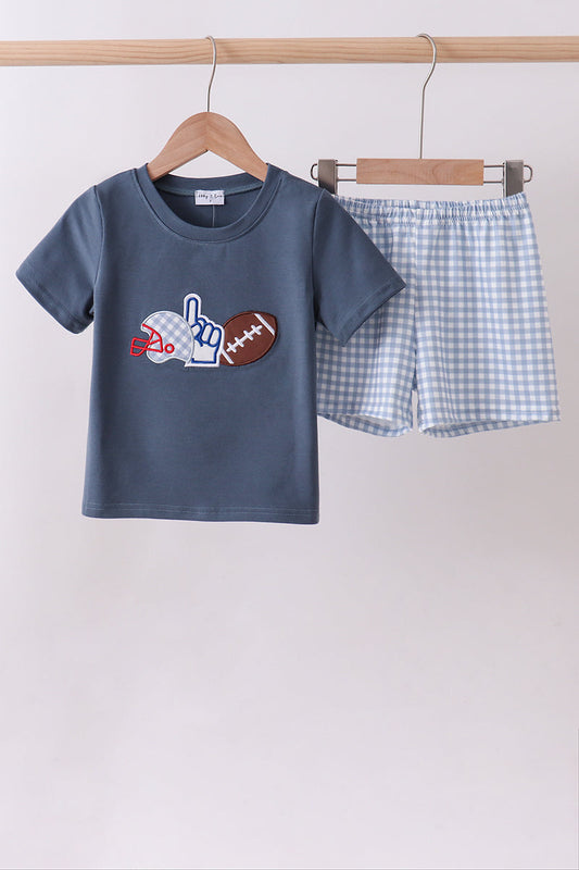 Blue Football Applique Gingham Shorts Set Honeydew
