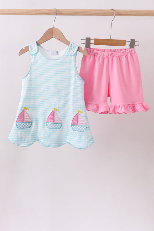 Blue Sailboat Applique Ruffle Shorts Set Honeydew