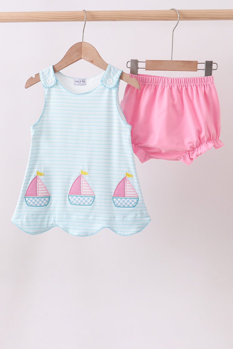 Blue Sailboat Applique Bloomer Set Honeydew