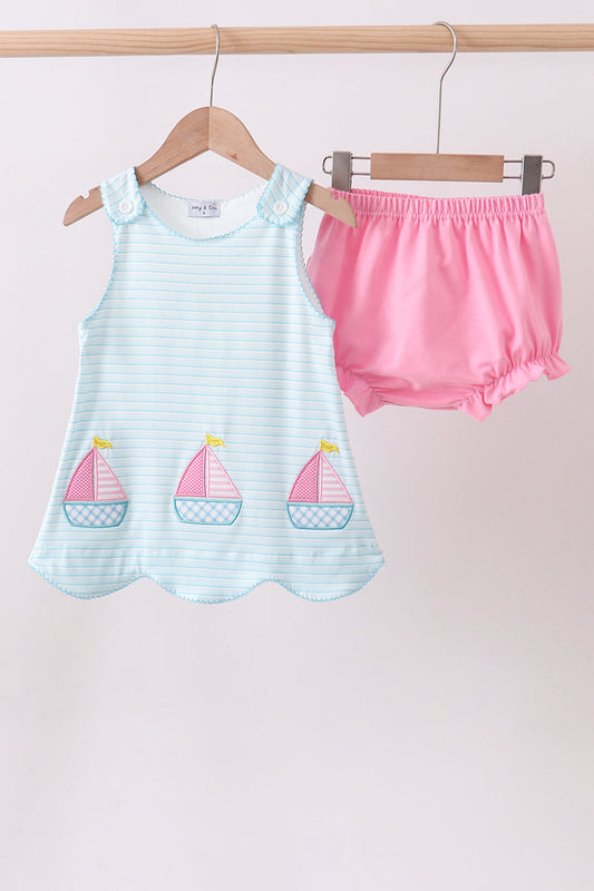 Blue Sailboat Applique Bloomer Set Honeydew