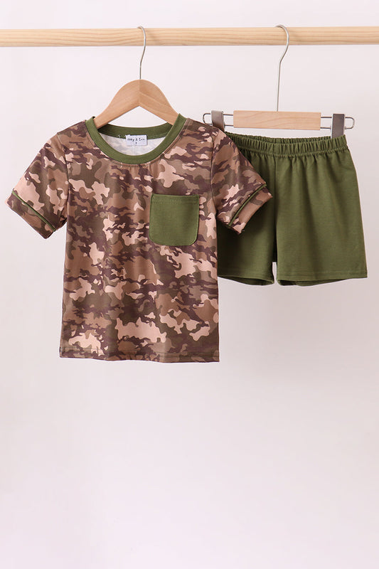 Camouflage Print Pocket Shorts Set Honeydew