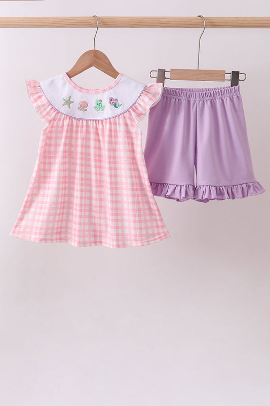 Pink Octopus Starfish Embroidery Girl Shorts Honeydew