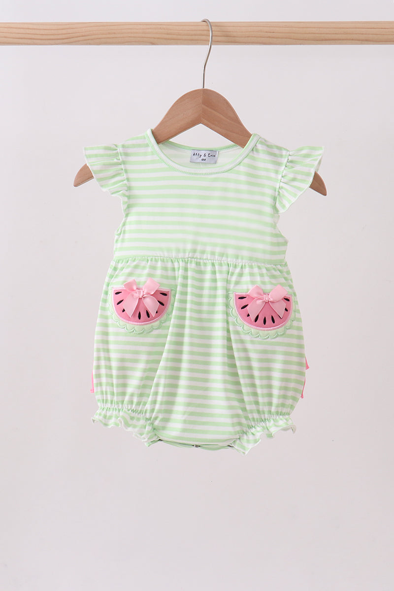 Green Watermelon Applique Ruffle Stripe Bubble southernsweetpea