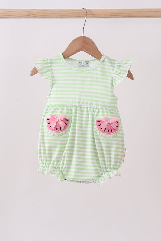 Green Watermelon Applique Ruffle Stripe Bubble southernsweetpea