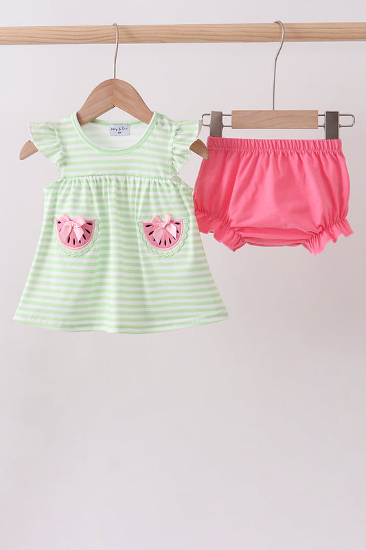 Green Watermelon Applique Ruffle Stripe Bloomer Set Honeydew