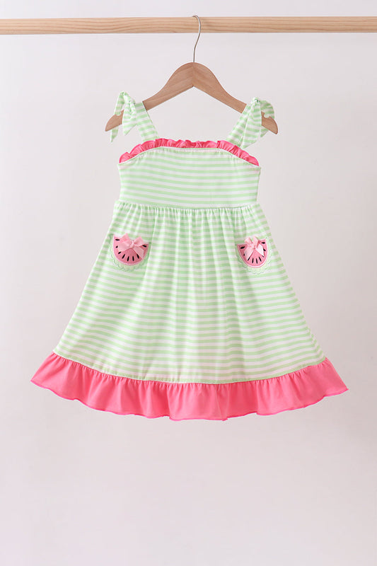 Green Watermelon Applique Ruffle Dress Honeydew
